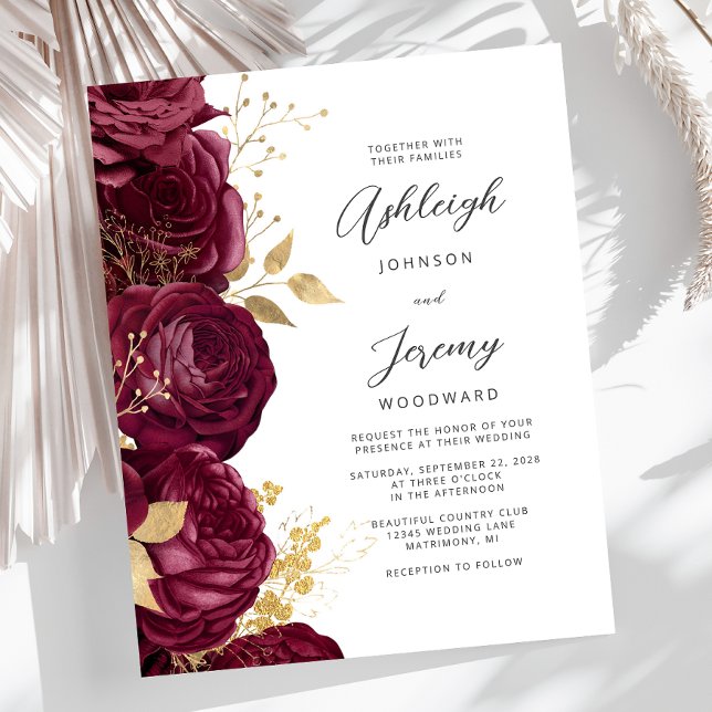 Budget Burgundy Gold Floral Script Wedding Invite (Créateur téléchargé)