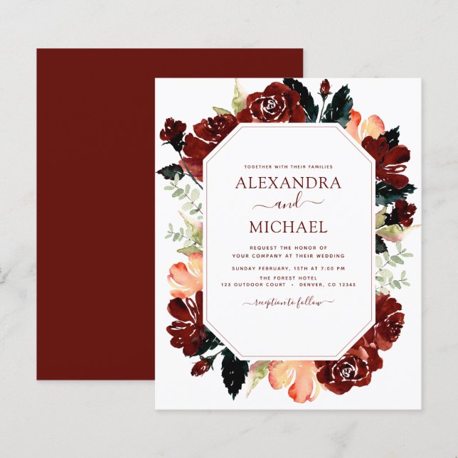 Budget Burgundy Marine Bleu Floral Élégant Moderne (Devant / Derrière)