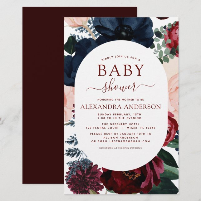 Budget Burgundy Marine Blue Floral Baby shower (Devant / Derrière)