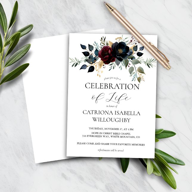 Budget Burgundy Marine Floral Memorial Invitation (Créateur téléchargé)