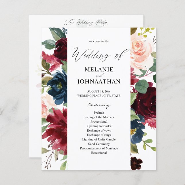 Budget Burgundy Marine Pink Floral Wedding Program (Devant / Derrière)