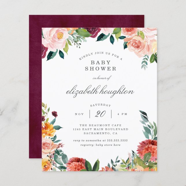 Budget Burgundy Marsala Blush Floral Baby shower (Devant / Derrière)