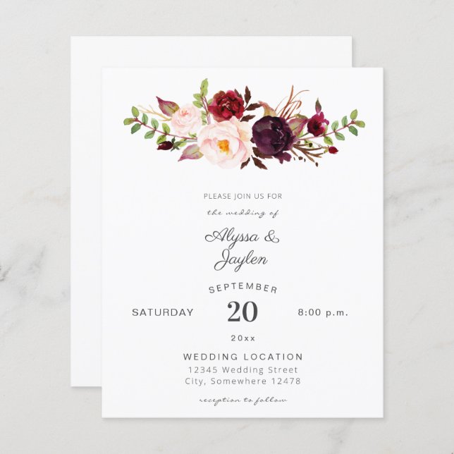 Budget Burgundy Marsala & Mariage Floral rose (Devant / Derrière)