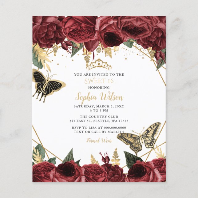 Budget Burgundy Papillon doux 16 Invitation (Devant)