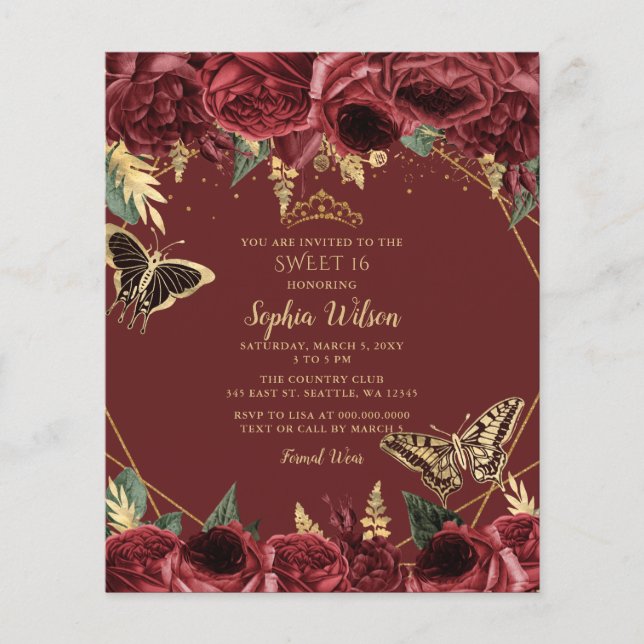 Budget Burgundy Papillon doux 16 Invitation (Devant)