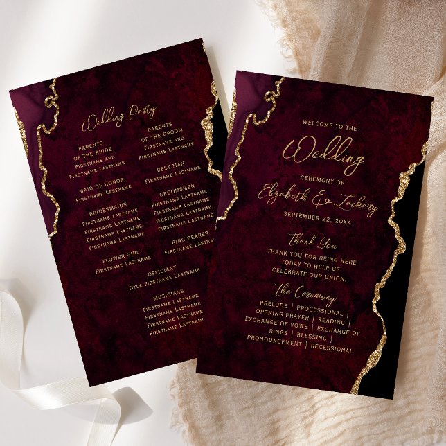 Budget Burgundy Red Gold Agate Wedding Program (Créateur téléchargé)