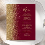Budget Burgundy Red Gold Parties scintillant Maria<br><div class="desc">Le bord gauche de cet élégant menu mariage moderne présente une bordure de parties scintillant en faux or. Le texte personnalisable combine un script d'écriture manuscrite fantaisiste de couleur or et des polices de cuivre sur un arrière - plan rouge bordeaux. L'envers est assorti d'une parties scintillant bordeaux et dorée....</div>