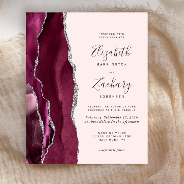 Budget Burgundy Silver Agate Blush Wedding Invite (Créateur téléchargé)