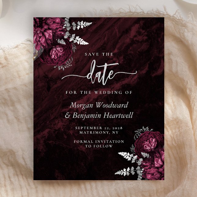 Budget Burgundy Silver Floral Save the Date (Créateur téléchargé)