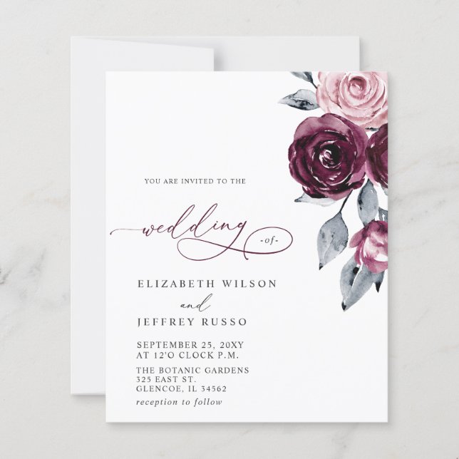 Budget Burgundy White Floral Wedding Invitations (Devant)
