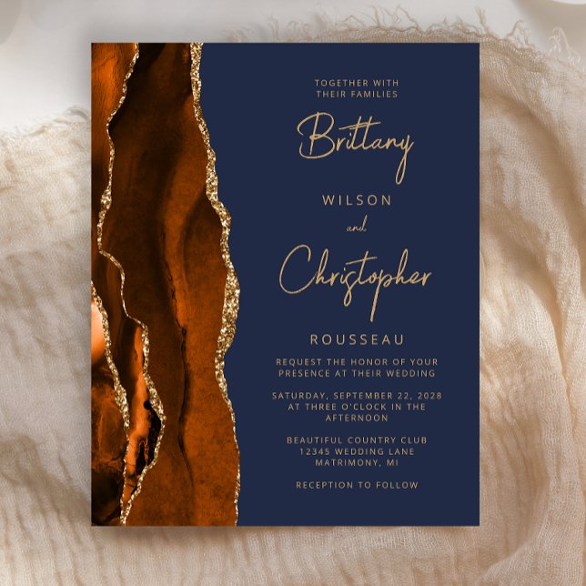 Budget Burnt Orange Agate Blue Wedding Invitation (Créateur téléchargé)