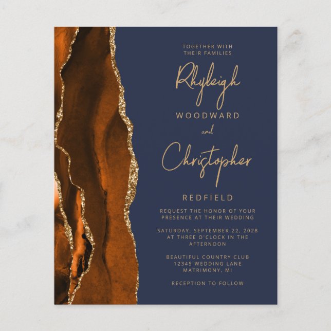 Budget Burnt Orange Agate Blue Wedding Invitation (Devant)
