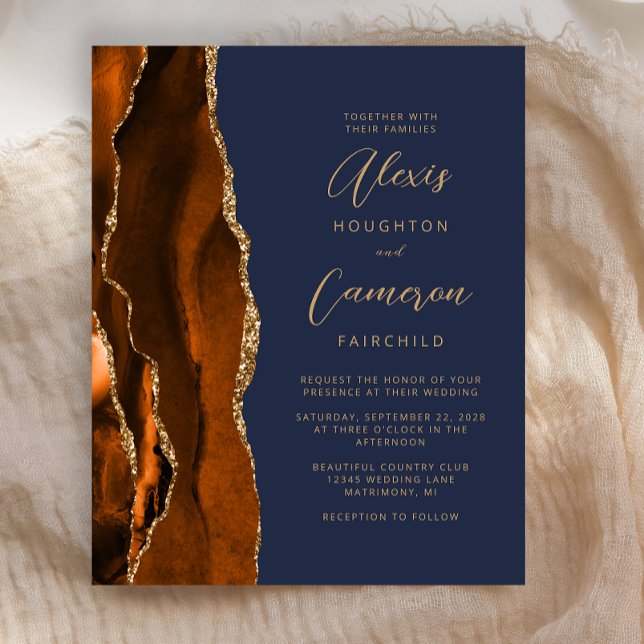 Budget Burnt Orange Dark Blue Agate Mariage Invite (Créateur téléchargé)