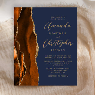 Budget Burnt Orange Dark Blue Agate Mariage Invite