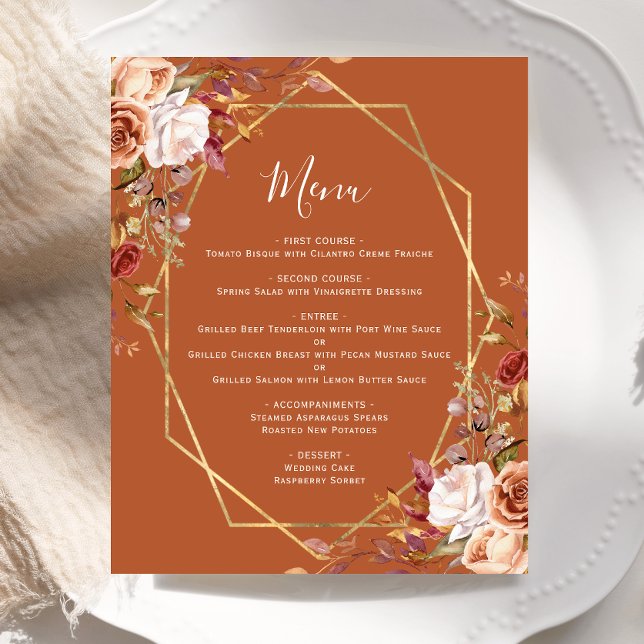 Budget Burnt Orange Fall Floral Wedding Menu (Créateur téléchargé)