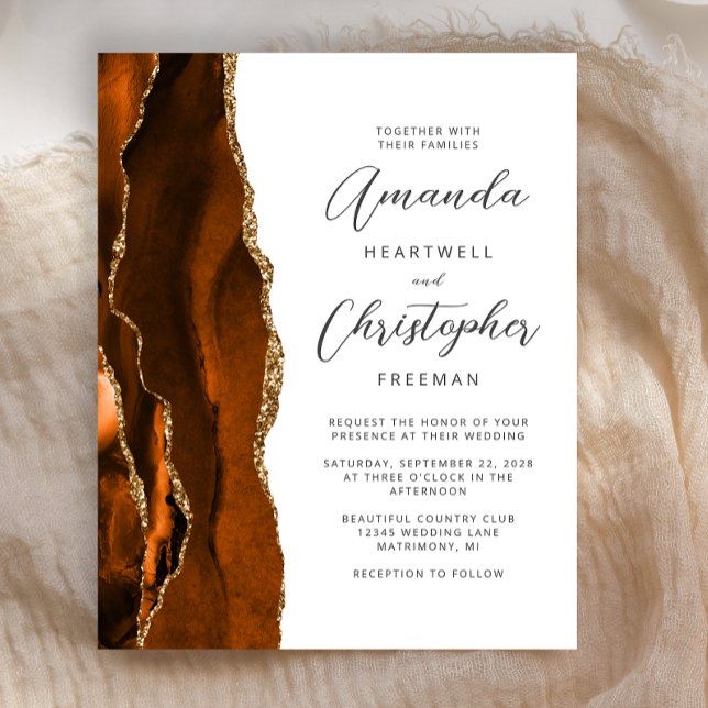 Budget Burnt Orange Gold Agate Mariage Invitation (Créateur téléchargé)