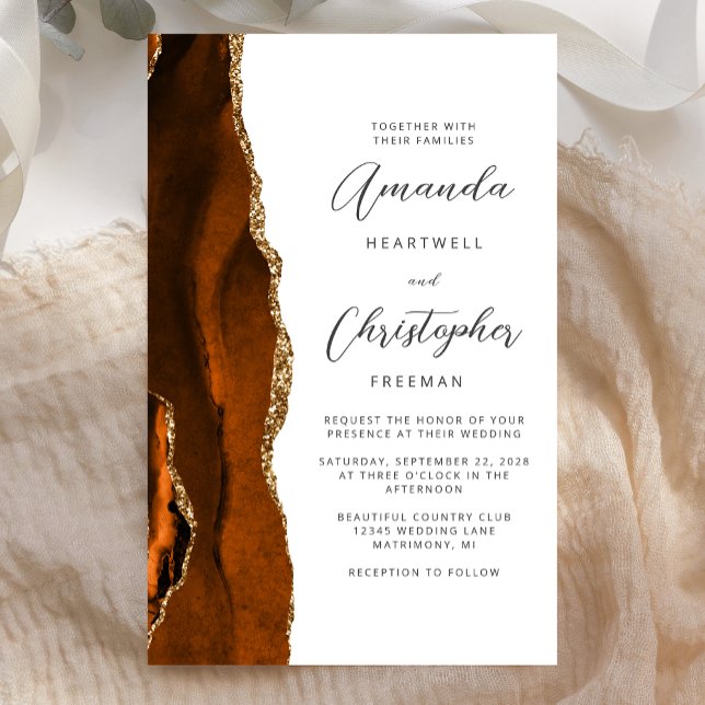 Budget Burnt Orange Gold Agate Mariage Invitation (Créateur téléchargé)