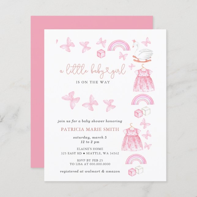 Budget Butterfly Pink Girl Baby Shower Invite (Devant / Derrière)