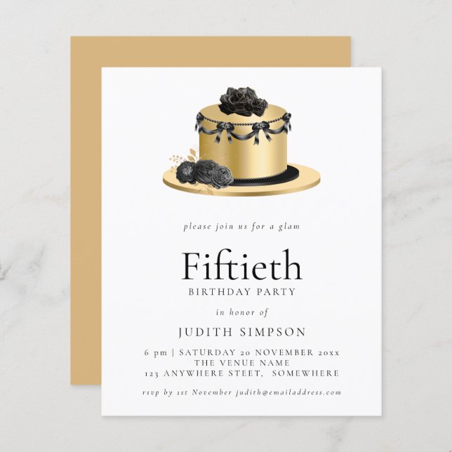 Budget Cake Gold Black 50e anniversaire Invitation (Devant / Derrière)