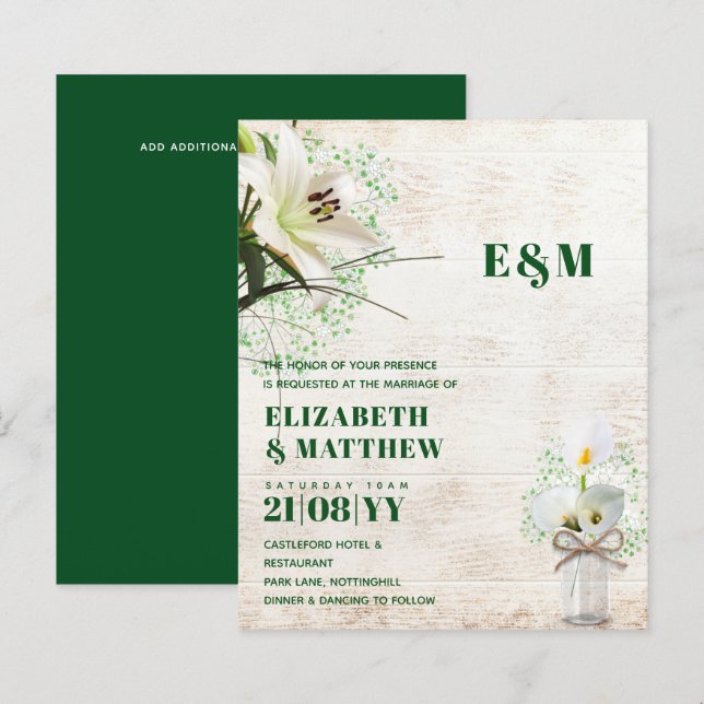 BUDGET Calla Lilies Chic Shabby Mariage Invitation (Devant / Derrière)