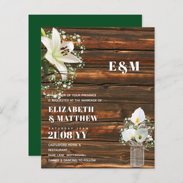 BUDGET Calla Lilies Chic Shabby Mariage Invitation (Devant / Derrière)