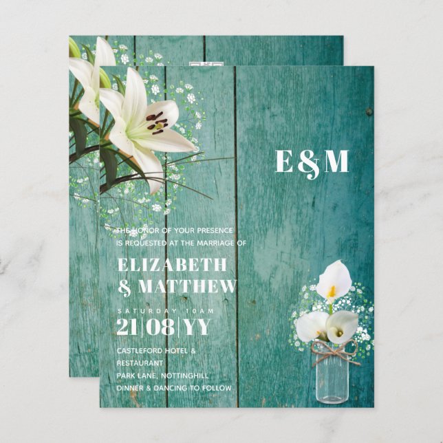 BUDGET Calla Lilies Chic Shabby Mariage Invitation (Devant / Derrière)