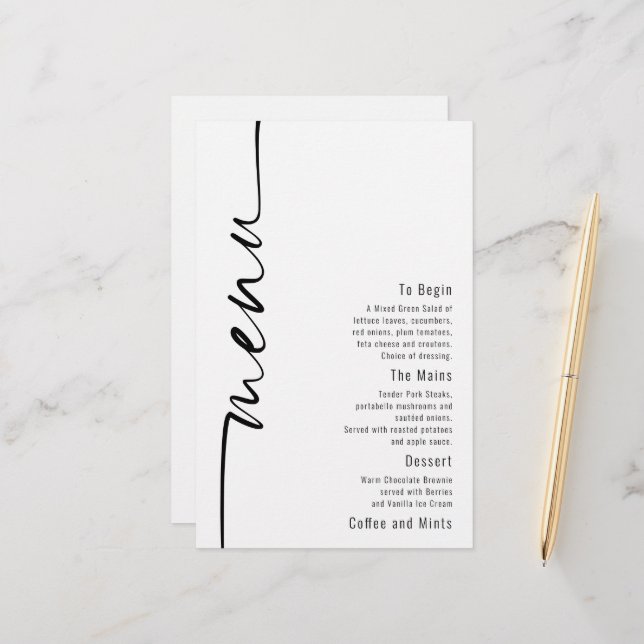 Budget Calligraphie Moderne Mariage Menu (Devant/Arrière en situation)