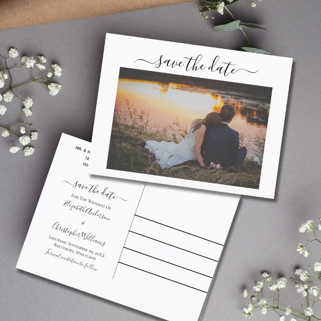 Budget calligraphié pour faire-part de mariage (Photo Wedding Save the Date Postcard. Formal Script Calligraphy)