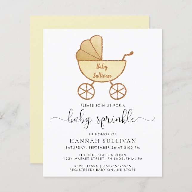 Budget Carriage Jaune Baby Sprinkle Invitation (Devant / Derrière)