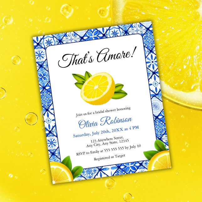 Budget C'est Amore Lemon Bridal Shower Invitation (Budget That's Amore | Mediterranean Blue Tile Lemon Bridal Shower Invitation )
