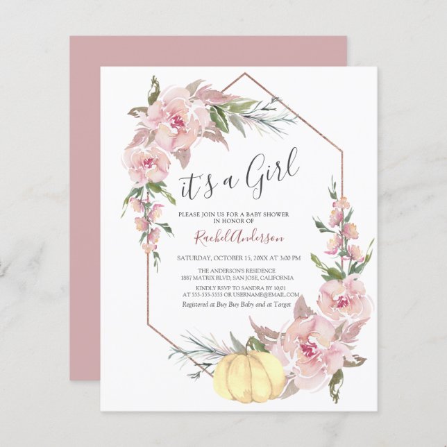 Budget C'est une fille Citrouille Baby shower Invi (Devant / Derrière)