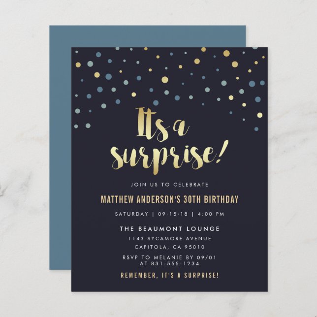 Budget C'est une surprise Gold Foil Confetti anniv (Devant / Derrière)