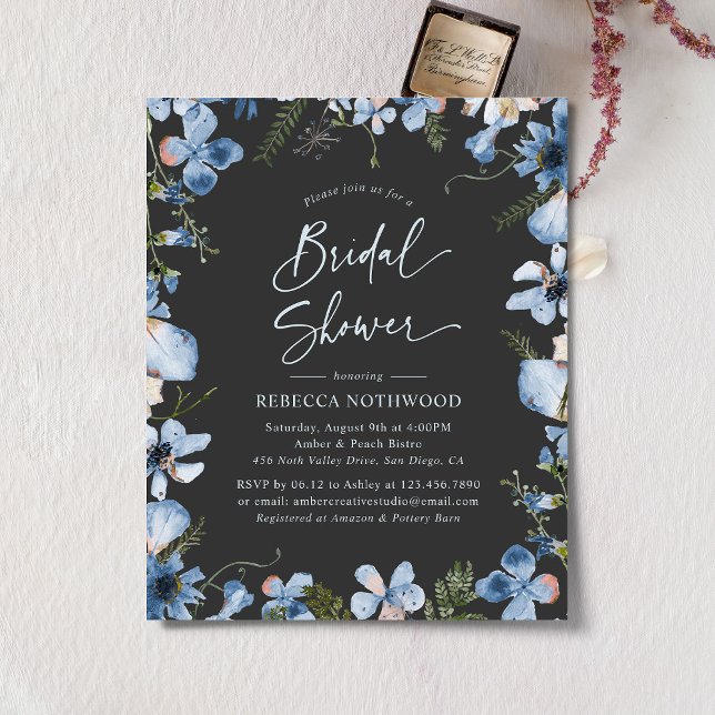 Budget Charcoal Blue Chic Bridal Shower Invitation (Créateur téléchargé)