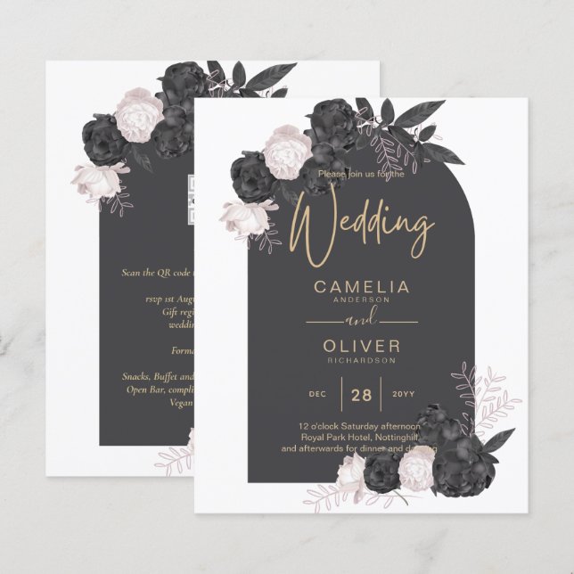 BUDGET Charcoal Gris rose Roses Mariage INVITE (Devant / Derrière)