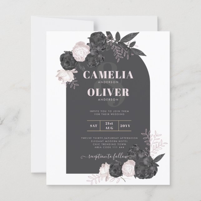 BUDGET Charcoal Gris rose Roses Mariage INVITE (Devant)