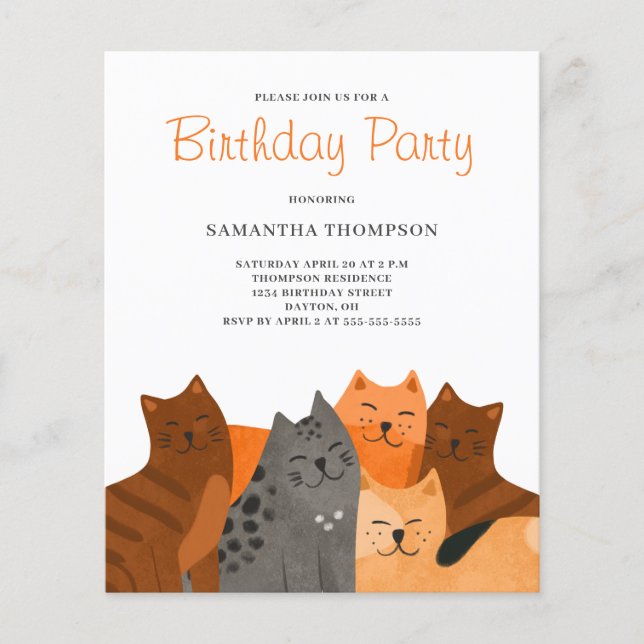 Budget Chat Anniversaire Fête Invitation (Devant)
