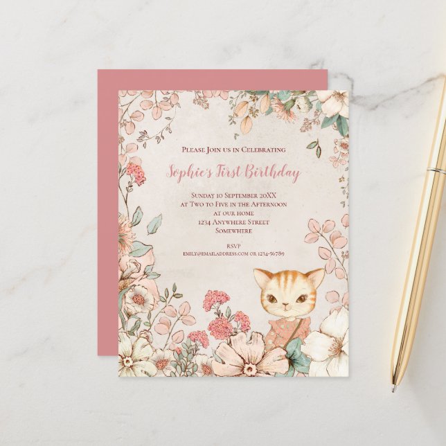 Budget Chat Floral 1er Anniversaire Invitation fil (Devant/Arrière en situation)