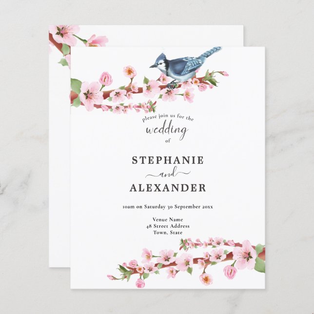 Budget Cherry Blossom Blue Bird QR Wedding Invitat (Devant / Derrière)