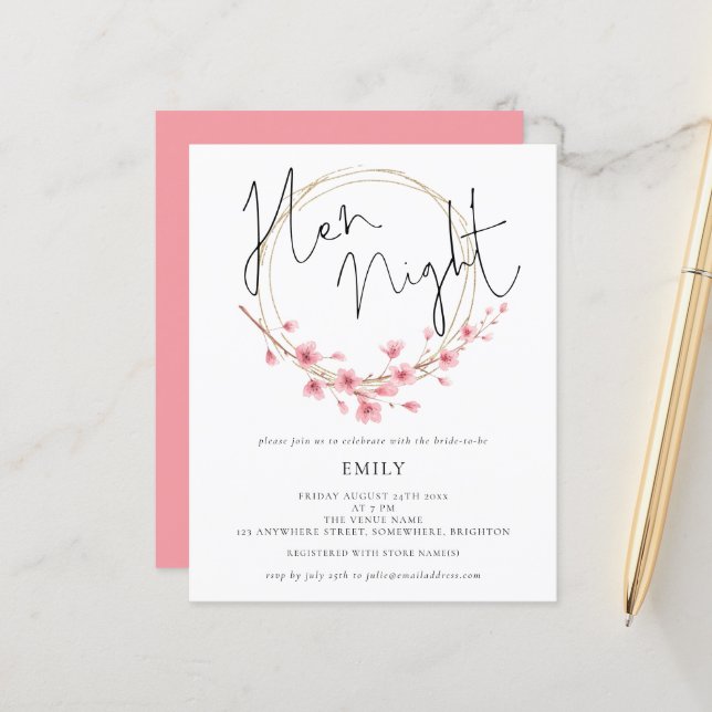 Budget Cherry Blossom Hen Night Invitation (Devant/Arrière en situation)