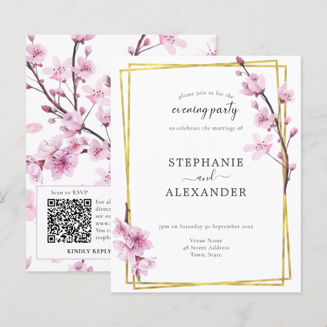 Budget Cherry Blossom QR Code Invitation soirée (Devant / Derrière)