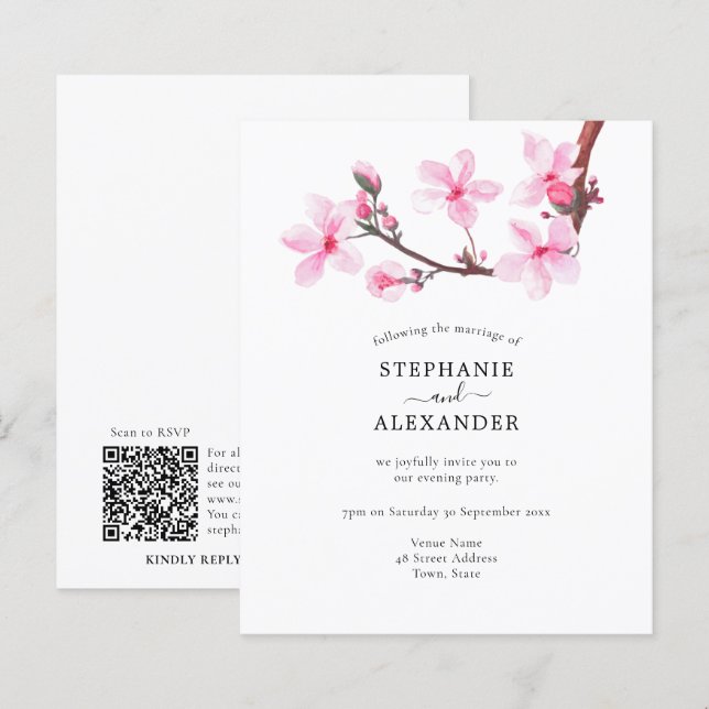 Budget Cherry Blossom Soirée Party QR Code Invitat (Devant / Derrière)