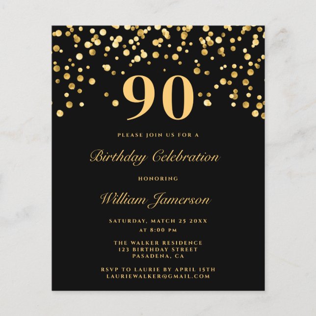 Budget Chic Black Gold 90th Birthday Invitation (Devant)