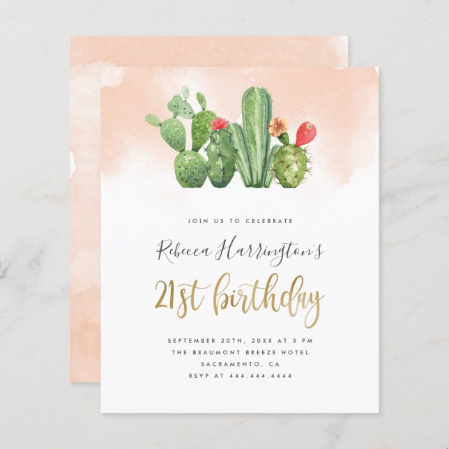 Budget Chic Blush Watercolor Cactus 21e anniversai (Devant / Derrière)
