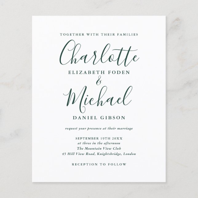 Budget Chic Faire-part de mariage de script Emeral (Devant)