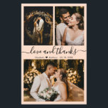 Budget Chic Photo Collage Mariage Carte de remerci<br><div class="desc">Budget, Moderne, Élégant, Écrite À La Main 3 Photo Collage Peach Mariage Carte de remerciements. Modèle minimaliste mariage avec trois (3) photos à l'avant et (1) une photo à l'arrière. Avec le texte "Amour et merci" script dans une courbe calligraphie lettrée à la main en noir sur pastel peach, ou...</div>