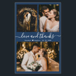 Budget Chic Photo Collage Mariage Carte de remerci<br><div class="desc">Budget, Moderne, Élégant, manuscrit 3 Photo Collage Mariage de la Marine Carte de remerciements. Modèle minimaliste mariage avec trois (3) photos à l'avant et (1) une photo à l'arrière. Avec le texte "Amour et merci" script dans une courbe calligraphie lettrée à la main swash-tail police en couleur blanche sur bleu...</div>