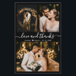 Budget Chic Photo Collage Mariage Merci circulaire<br><div class="desc">Budget, Moderne, Élégant, manuscrit 3 Photo Collage noir et blanc Merci Flyer/Carte THIN. Modèle minimaliste mariage avec trois (3) photos à l'avant et (1) une photo à l'arrière. Avec le texte "Amour et merci" script dans une courbe calligraphie lettrée à la main swash-tail police en couleur blanche sur l'arrière -...</div>