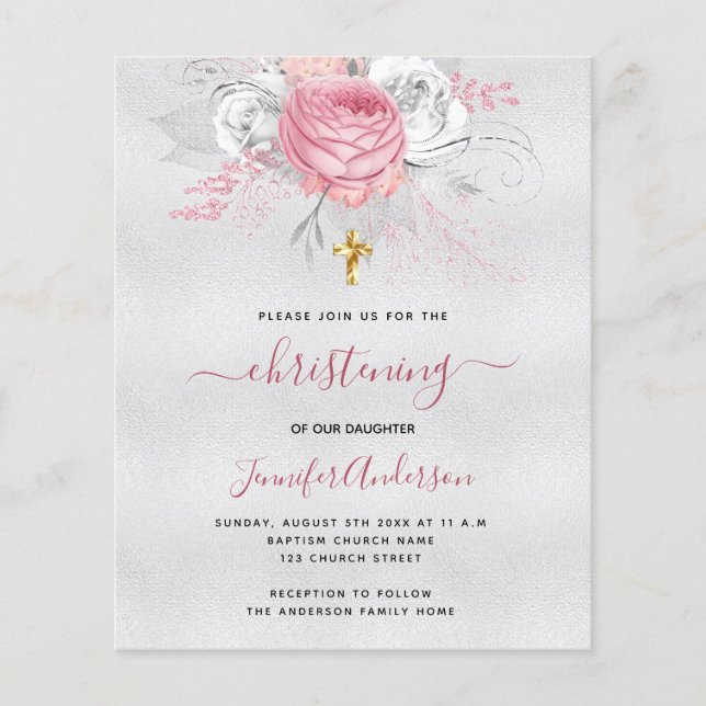 Budget Christening argent rose floral invitation (Devant)