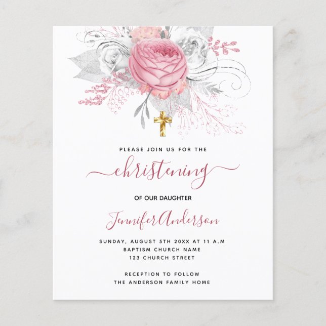 Budget Christening rose florales invitation fille (Devant)
