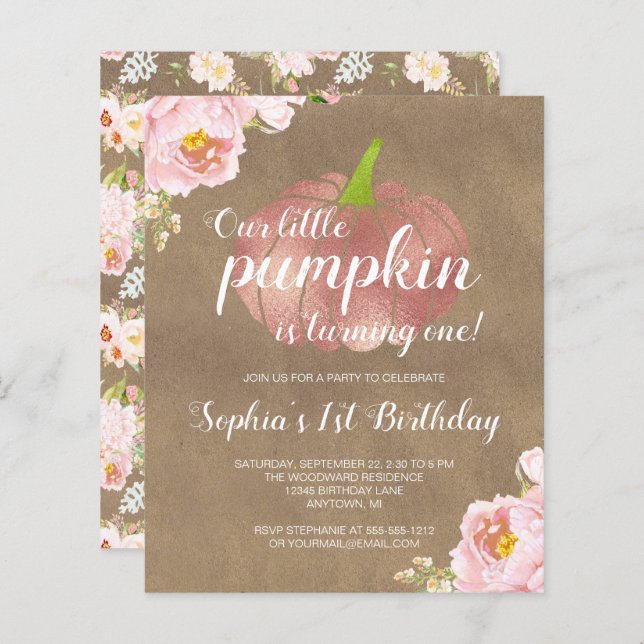 Budget Citrouille Floral Girl 1er anniversaire Inv (Devant / Derrière)